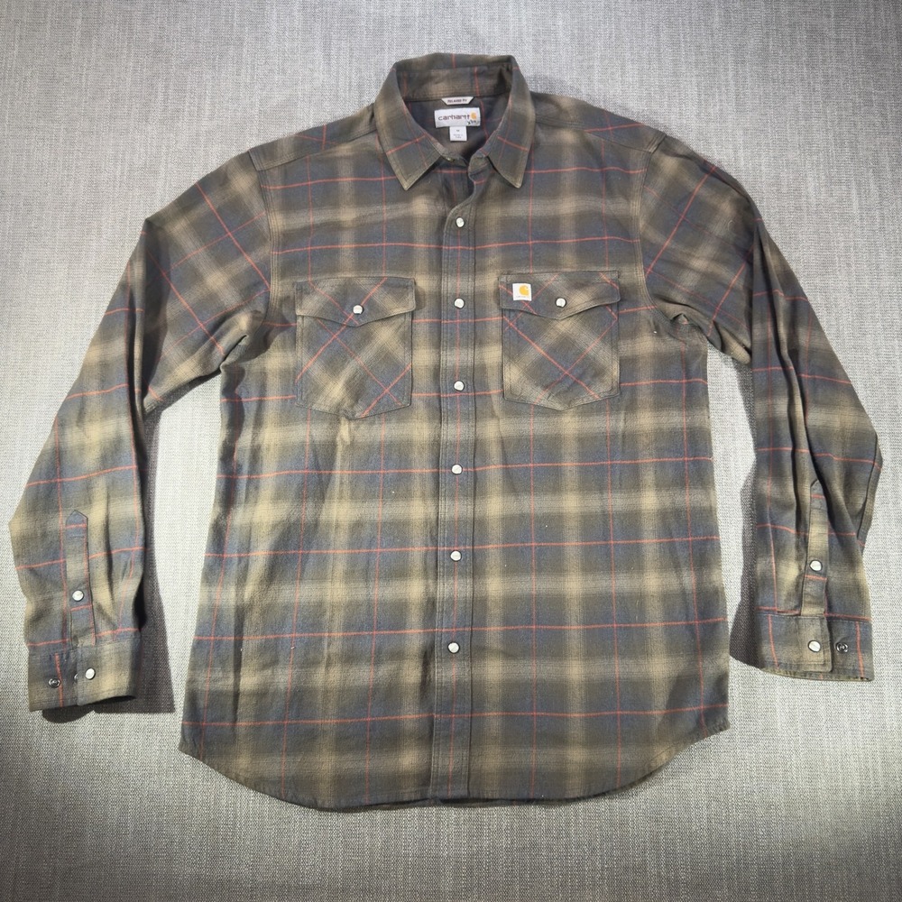 Carhartt Shirt Mens Medium Gray Plaid Flannel Snap Front Long Sleeve Workwear